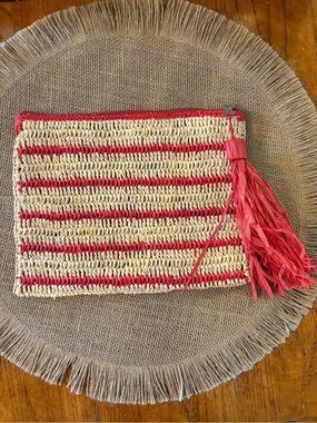 Mar Y Sol Raffia Clutch Pouch Coral Red Natural Striped Handmade Madagascar